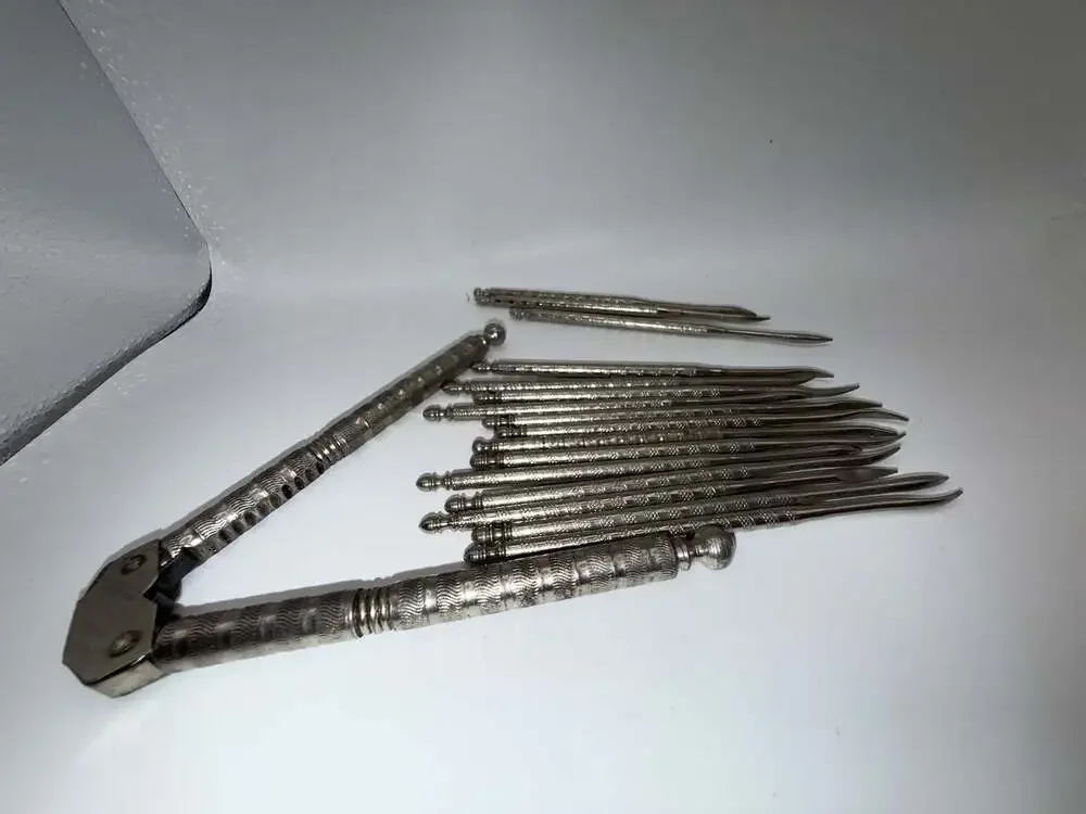 Vintage HMQ Nickel Plated Nutcracker and 12-Piece Nut Pick Set